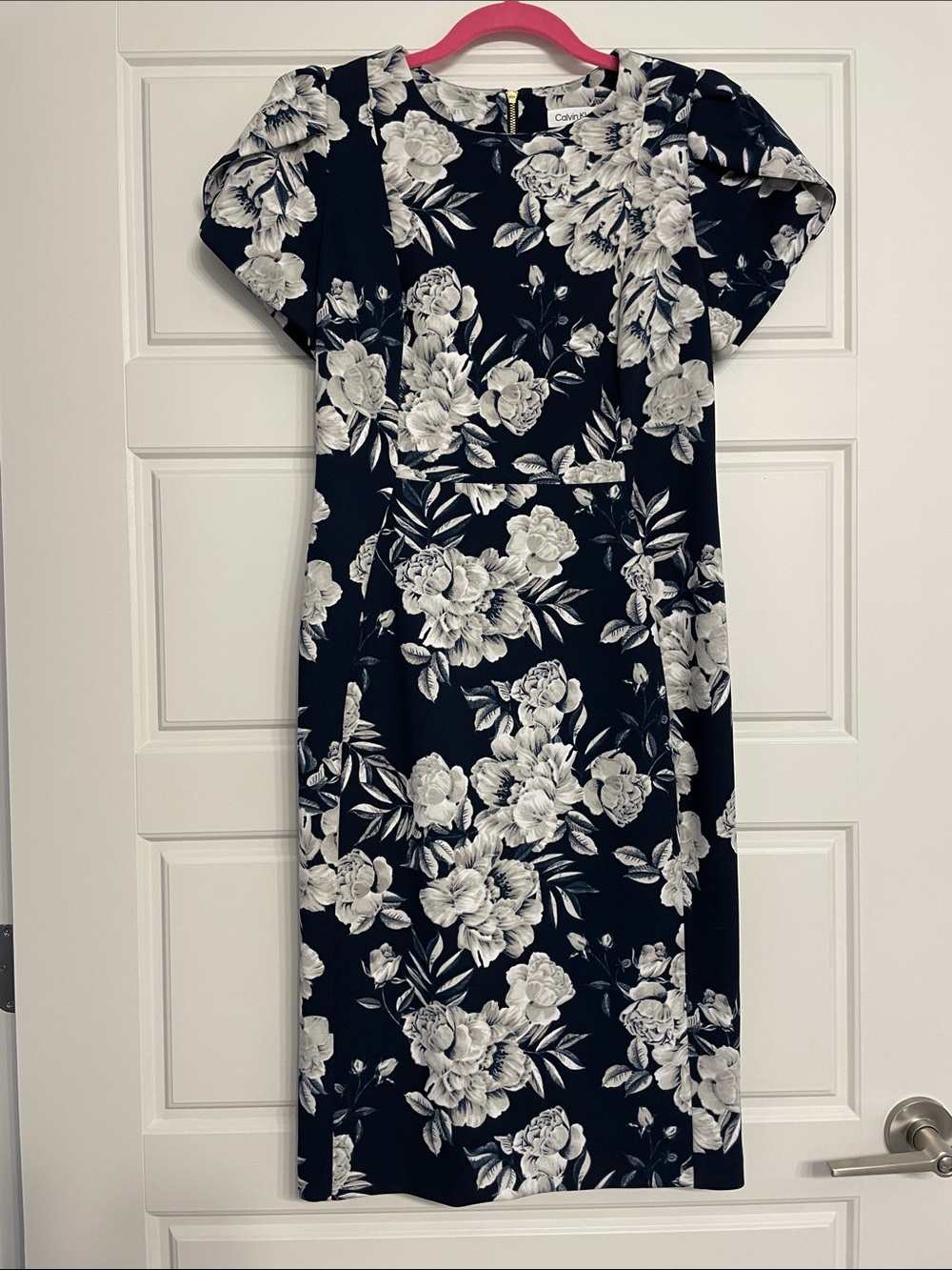 Calvin Klein Blue and White Floral Dress with Tulip Sleeves